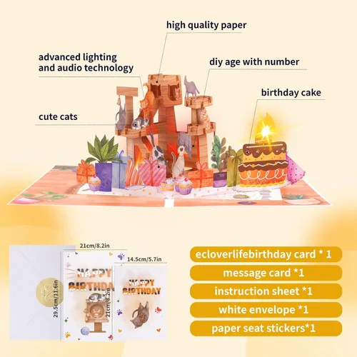Miniatura 6 de Tarjeta de cumpleaños de gato desplegable 3D con canción de miau, velas sopladas y luces coloridas, bonito regalo sorpresa para niños, niñas, hijo