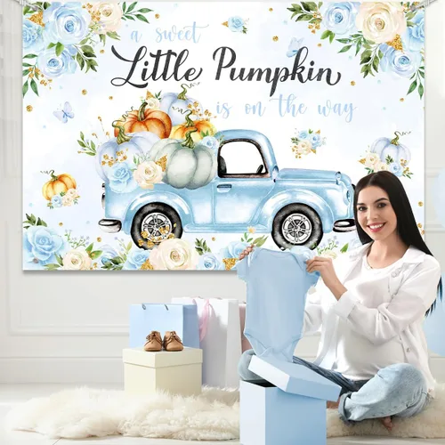 Miniatura 2 de Fondo de decoración de baby shower con diseño de calabaza pequeña para niño, A Sweet Little Pumpkin is On The Way Fall Blue Floral Truck Fotografía