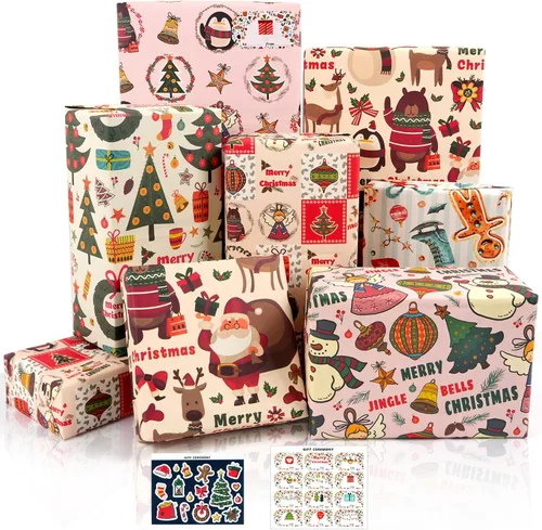 Miniatura 8 de Hojas de papel de regalo de Navidad, papel de regalo Kraft reciclado azul marino y marrón con etiquetas y pegatinas, papel de regalo de 6 hojas