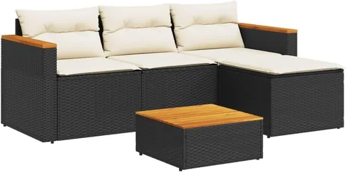 Miniatura 3 de 5 Piece Garden Sofa Set in Black, Brown, Cream White for Outdoor Patio, Modern Modular Furniture with UV-Resistant PE Rattan, Acacia Wood Frame