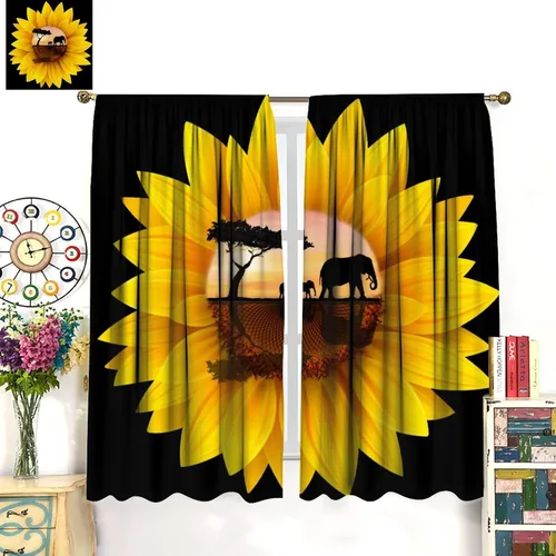 Miniatura 3 de Cortinas opacas de girasoles amarillos, vida silvestre, puesta de sol, tropical, sabana, safari, elefantes, estampado artístico, para decoración