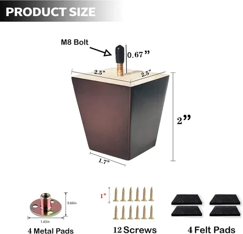 Miniatura 2 de Juego de 4 patas de sofá cuadradas para cama, patas de repuesto de madera de 2 pulgadas para muebles, color marrón oscuro