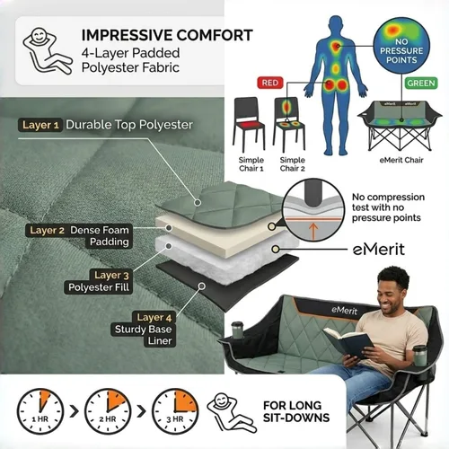 Miniatura 4 de EMERIT Silla de Camping de Tamaño Grande con Capacidad de 650 Libras - Sofá Biplaza Plegable de Servicio Pesado para Camping con Asiento Profundo