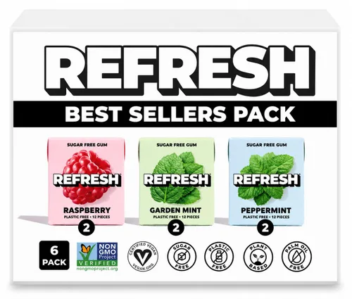 Refresh Gum, Xilitol, natural, sin azúcar, de larga duración, sin plástico, sabores naturales e ingredientes orgánicos, a base de plantas, sin OMG,