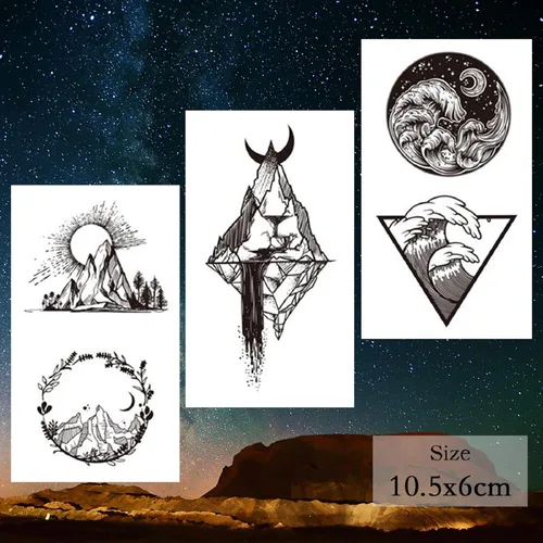 Miniatura 5 de 22 hojas de pegatinas de tatuajes temporales de montaña, incluidos tatuajes falsos impermeables, formas geométricas negras, con forma de sol