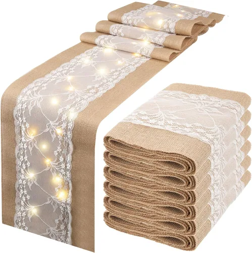 Miniatura 9 de Xinnun 6 piezas de camino de mesa de arpillera con luces de 12 x 108 pulgadas, camino de mesa de encaje de arpillera, decoración rústica de boda