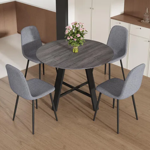 Miniatura 14 de Juego de 4 mesas de comedor redondas de 42 pulgadas para 4, sillas de mesa de cocina modernas, juego de 4 sillas tapizadas de madera con patas