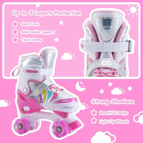 Miniatura 5 de Patines ajustables para niños y niñas, niños pequeños, jóvenes, color rosa, 4 tamaños, ajustables, para niños y niñas, para tallas 11J hasta