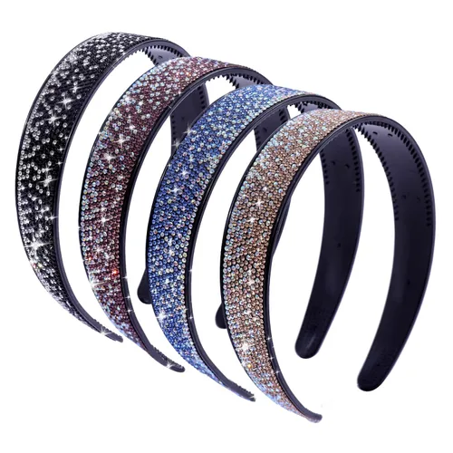 Miniatura 21 de Diademas con pedrería para mujeres y niñas, 4 piezas de diadema brillante de cristal antideslizante, diadema de cabello de pedrería sólida