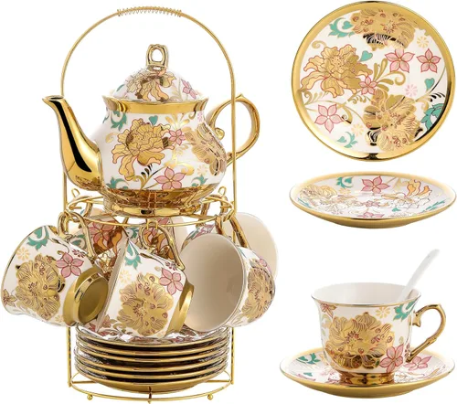 Miniatura 11 de Juego de té de porcelana de 20 piezas con soporte de metal, juego de té de cerámica europeo para adultos, juego de té de flores, juego de té