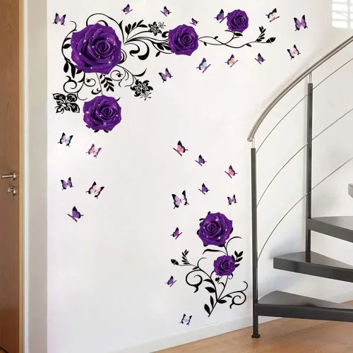Miniatura 3 de Supzone Pegatinas de pared de rosas moradas, diseño de flores y vides, decoración de pared floral de peonía morada, arte mural de vinilo para Morado