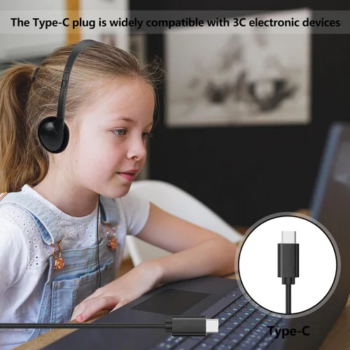 Miniatura 2 de Paquete de 20 auriculares USB C a granel para aula, escuela, niños, auriculares USB tipo C con cable para estudiantes y niños, compatible con Negro