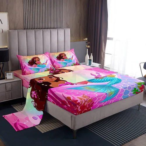 Miniatura 29 de Erosebridal Sábanas de sirena azul para niñas, juego de sábanas de unicornio lindo tamaño matrimonial, 4 piezas para niños, sábanas de arcoíris