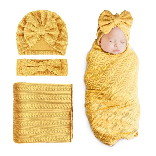 Miniatura 15 de DRESHOW BQUBO Manta de recepción para recién nacido, cálida para niñas con sombrero de lazo y diadema de lazo, regalo para baby shower 1 juego