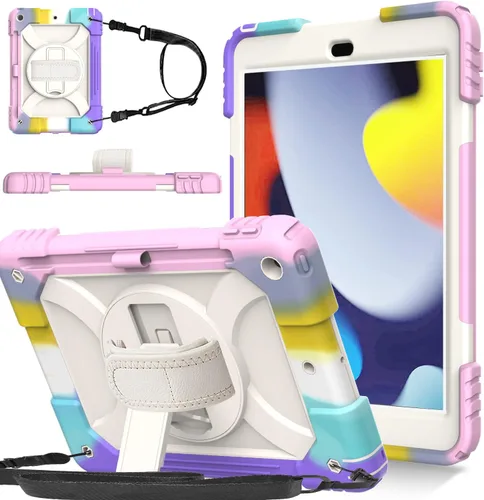 Miniatura 15 de BMOUO Funda para iPad de 9ª/8ª/7ª generación de 10.2", a prueba de golpes con soporte giratorio de 360°, correa de hombro y mano, funda para iPad
