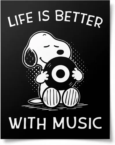 Arte de pared "La vida es mejor con música" – Cartel de perro de dibujos animados sin marco de 8x10 – Arte divertido e inspirador para dormitorio,