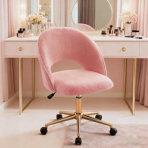 Miniatura 9 de Furniliving Silla de Tocador Rosa, Bonitas Sillas de Escritorio para Niñas con Respaldo, Silla de Acento Tapizada con Ruedas para Sala de Terciopelo