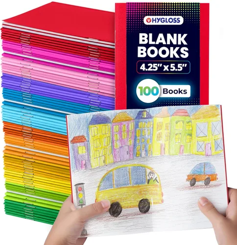 Hygloss Libros en blanco de 4.25 x 5.5 pulgadas, paquete de 100 unidades, tapa blanda de colores surtidos para dibujar y escribir, libros vacíos