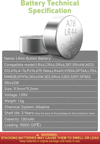 Miniatura 7 de POWEROWL Baterías LR44 de alta capacidad, paquete de 40 unidades, L1154F AG13 357 303 SR44 A76, pilas alcalinas de primera calidad con botón de 1,5 V
