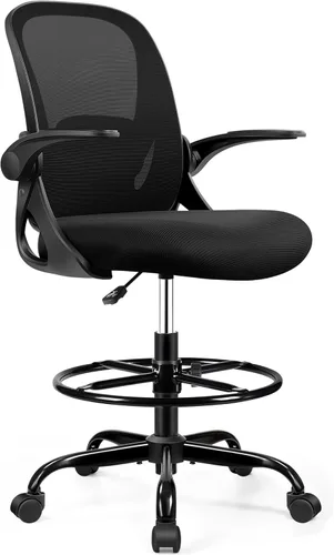 Miniatura 8 de Silla de dibujo alta de oficina con reposabrazos abatibles, altura ajustable y soporte lumbar mejorado, taburete ergonómico rodante, soporte de Negro