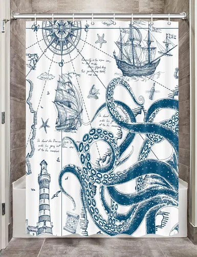 Miniatura 17 de Octopus Decor - Cortina de ducha para caravana, remolque, baño, divertido juego de cortinas de ducha pequeñas y estrechas de tela en blanco y negro
