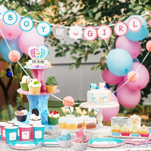 Miniatura 7 de Decoración de soporte para cupcakes para fiesta de revelación de género, azul y rosa de 3 niveles para baby shower, suministros de cartón para niños