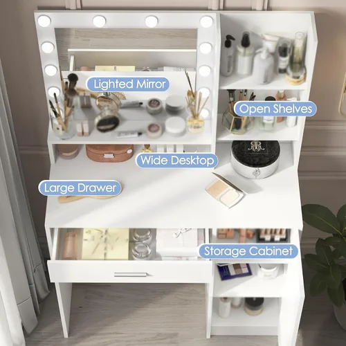 Miniatura 4 de Vanity Desk with Mirror & Light, Large Drawer Three Level Storage Dresser, 3 Lighting Modes Adjustable Brightness, Bedroom Dressing Table(White)