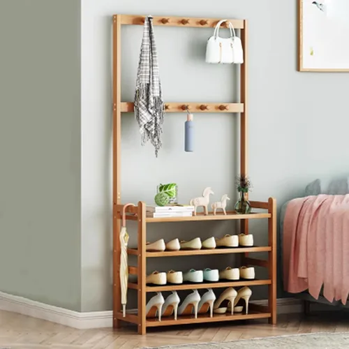 Miniatura 10 de Bamboo Clothes Rack, Clothing Rack with Bottom Shelves and Hook, Freestanding Garment Racks, Open Coat Racks for Hallway Brown