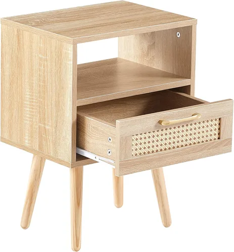 Miniatura 3 de Mesita de noche, mesa auxiliar con cajón decorativo de ratán y patas de madera maciza, mesa decorativa de madera con almacenamiento para dormitorio