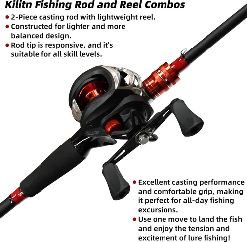 Miniatura 2 de Kilitn Combo de Caña de Pescar y Carrete, Combo de Baitcasting Carrete de Baitcast, 6 Pies 7 Pies 2 Piezas, Caña de Fibra de Carbono Envuelta