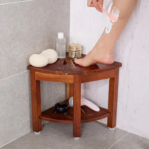 Miniatura 6 de HouseJoy Banco de ducha de esquina con estante: taburete de ducha de esquina para afeitarse las piernas, reposapiés de baño, banco de baño