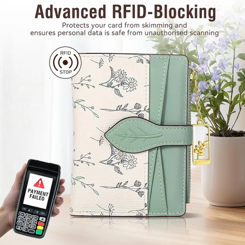 Miniatura 4 de Carteras para mujer - Bloqueo RFID - Pequeña billetera con flores, cuero PU suave, plegable, bolsillo con cremallera para monedas, tarjetero
