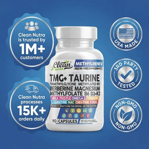 Miniatura 8 de Clean Nutra TMG Supplements 1000mg Multivitamínico metilado para mujeres y hombres Taurina B6 Vitaminas B12 D3 K2 Trimetilglicina Magnesio