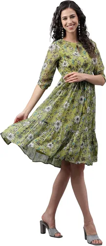 Miniatura 6 de Janasya Vestido acampanado con estampado floral de lúrex de gasa verde oliva para mujer india