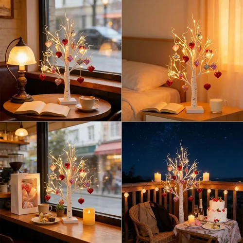 Miniatura 5 de Lámpara romántica de abedul en forma de corazón, árbol de abedul blanco iluminado con 24 luces LED y 18 corazones colgantes, decoración de mesa a