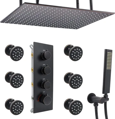Miniatura 7 de Sistema de ducha termostático con chorros corporales, juego completo de grifos de ducha de níquel cepillado de latón de 20 x 40 pulgadas, ducha