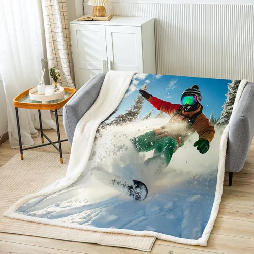 Manta Sherpa de esquí para deportes de esquí, manta de felpa para deportes de invierno, manta de forro polar para sofá, cama, paisaje de nieve,