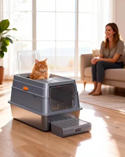 Miniatura 8 de Powools Caja de arena para gatos – Caja de arena de acero inoxidable con tapa para gatito, caja cerrada con base de metal para gatos con cuchara