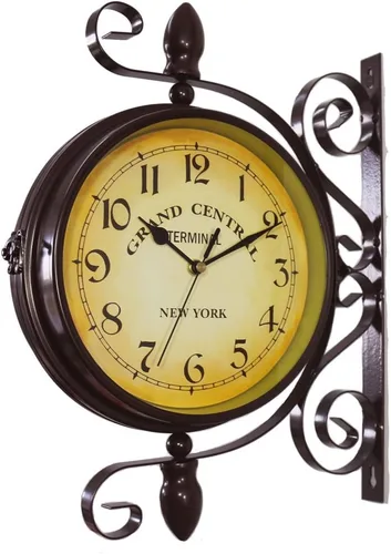 KiaoTime Reloj de pared vintage de doble cara, metal de hierro, silencioso, rotación de 360 grados, color marrón oscuro, 13 3/4 pulgadas de alto x
