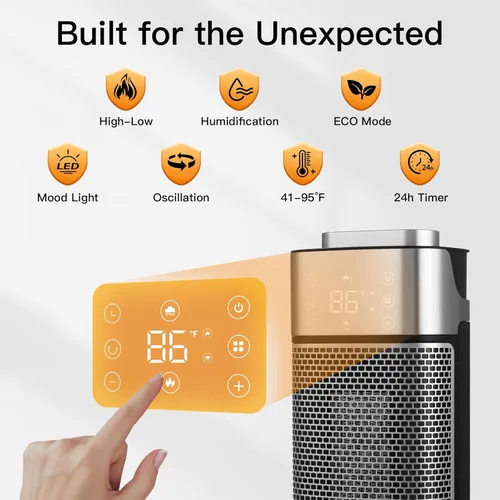 Miniatura 6 de RELF Calentador de cerámica PTC de 1500 W con humidificador, oscilación de 70°, control remoto, modo ECO, temporizador y protección contra vuelcos