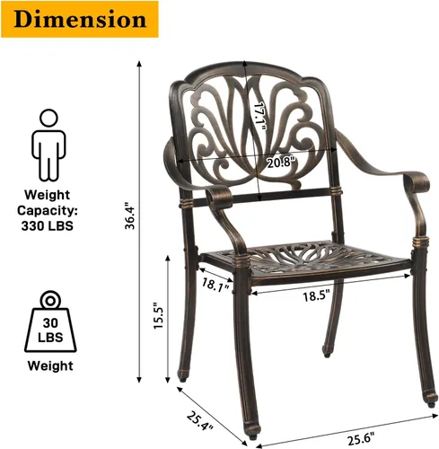 Miniatura 3 de VINGLI Juego de 2 sillas de patio de aluminio fundido para todo tipo de clima, sillas de comedor al aire libre, sillones de metal para piscina
