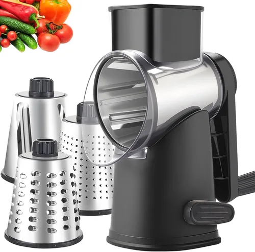 Miniatura 10 de Weltonhm Ralladores rotativos de queso con 4 cuchillas, rallador de queso de manivela con rebanador de gofres, triturador de queso rojo, negro