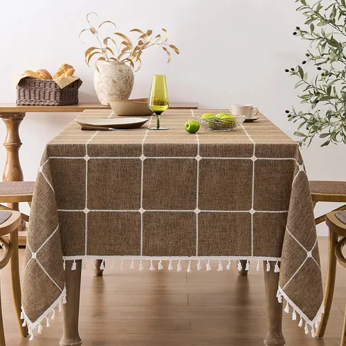 Miniatura 99 de ZeeMart - Mantel de mesa con diseño de cuadrícula boho y borlas (blanco roto, 132 cm x 132 cm), mantel de gran peso de lino a cuadros bordado