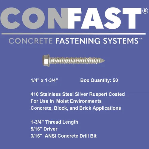 Miniatura 3 de CONFAST Tornillos de concreto de 1/4" x 1-3/4" de acero inoxidable 410, hexagonales, con broca para cemento para anclaje a mampostería, bloque