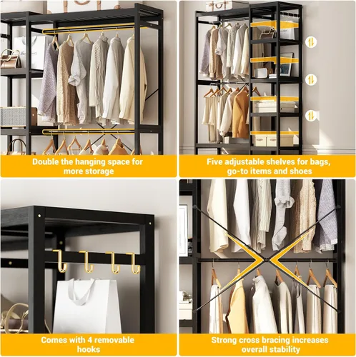 Miniatura 5 de Homykic Perchero de bambú para colgar ropa, perchero resistente con estantes ajustables de 7 niveles, varillas dobles, 4 ganchos, sistema de armario