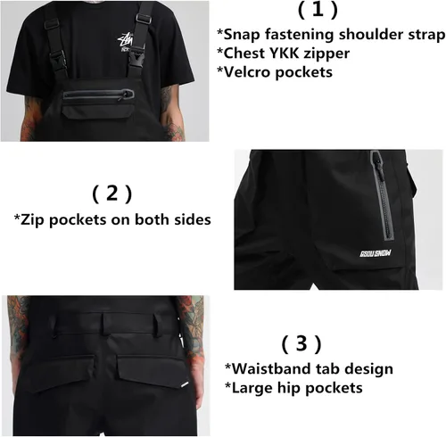 Miniatura 6 de GSOU SNOW Pantalones de esquí para hombre, overol de nieve para snowboard, impermeable, resistente al viento, con correa ajustable, para invierno