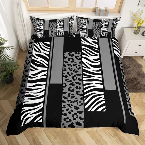 Miniatura 15 de Juego de ropa de cama con estampado de cebra de leopardo, tamaño Queen, para niños, color verde azulado, blanco, negro, juego de funda de edredón