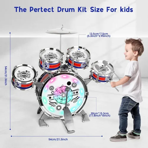Miniatura 4 de Juego de batería para niños pequeños de 1 a 3 años, 5 piezas de tambor de jazz con taburete y platillo, instrumentos musicales iluminados, juguetes