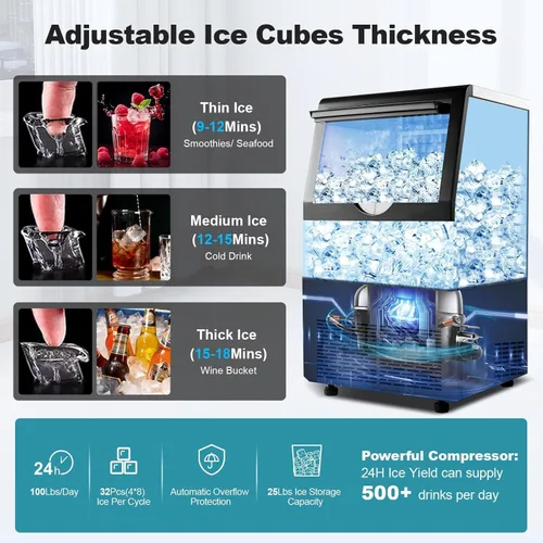 Miniatura 6 de Amzgachfktch Commercial Ice Maker 100 Lbs/24H, Auto Self-Cleaning Ice Maker, LED Display, Blue Light, Under Counter/Freestanding Ice Machine for