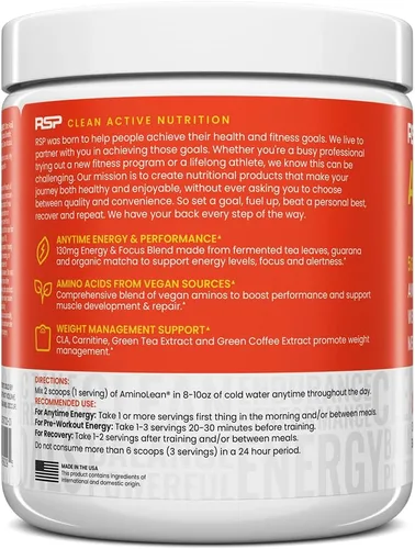 Miniatura 8 de RSP NUTRITION AminoLean Polvo Natural de Pre-Entreno, Energía de Aminoácidos Sin Sucralosa Sin Colorantes Artificiales, BCAAs Veganos y Control
